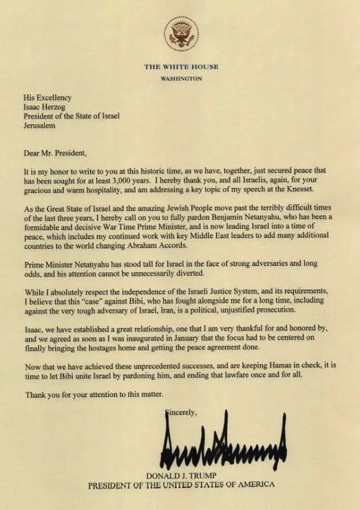 Трамп призвал президента Израиля помиловать премьера Нетаньяху