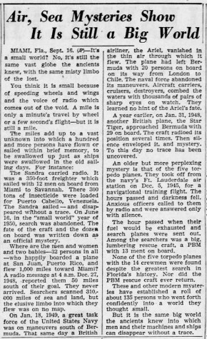 В декабре 1945 года пять американских торпедоносцев-бомбардировщиков Avenger пропали в Атлантическом океане во время учебного полета при невыясненных обстоятельствах