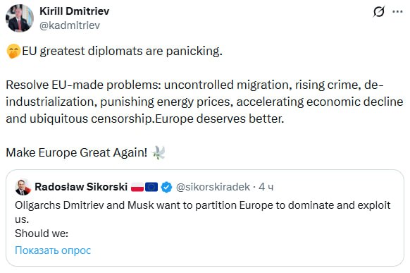 "Сделаем Европу снова великой": Дмитриев считает, что Европа заслуживает лучшего