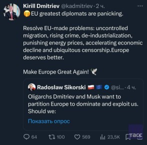 «Лучшие европейские дипломаты в панике»: Кирилл Дмитриев ответил на выпад главы МИД Польши в свой адрес