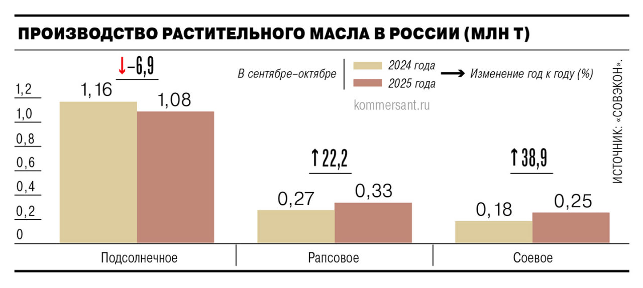 Производство растительных масел в России достигло рекорда в октябре 2025 года, составив 968 тыс