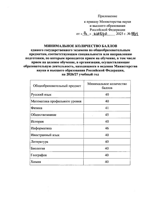 Минобрнауки утвердило минимальное количество баллов по ЕГЭ для поступления в вузы в 2026 году