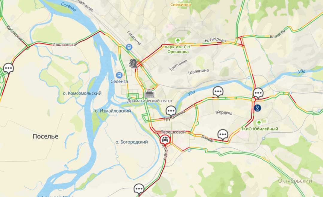 Пробки - 9 баллов в Улан-Удэ, по данным сервиса 2ГИС