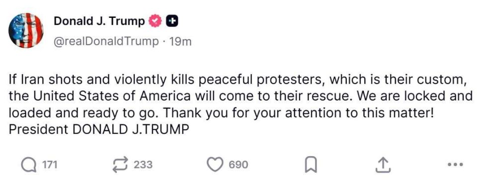 Николай Стариков: США «придут на помощь», если власти Ирана начнут стрелять по протестующим, написал Дональд Трамп