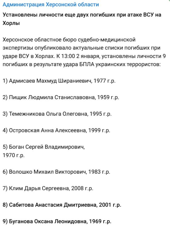 Установлены личности еще двух погибших при атаке ВСУ на село Хорлы в Херсонской области, сообщает администрация региона
