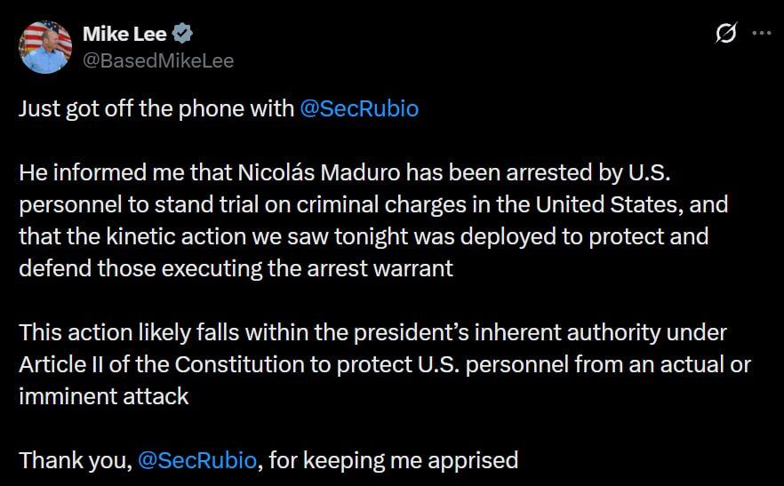 Николас Мадуро был арестован американскими представителями для привлечения к ответственности по уголовным обвинениям в США, удары по Венесуэле были предприняты для защиты тех, кто исполнял ордер на арест, заявил сенатор Майк...