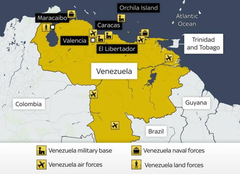Sky News публикует инфографику с военными объектам Венесуэлы — видны базы, объекты ВВС и ВМФ, а также места размещения пехоты