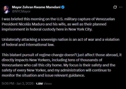 Одностороннее нападение на суверенную нацию является «актом войны и нарушением федерального и международного права», заявил мэр Нью-Йорка Мамдани
