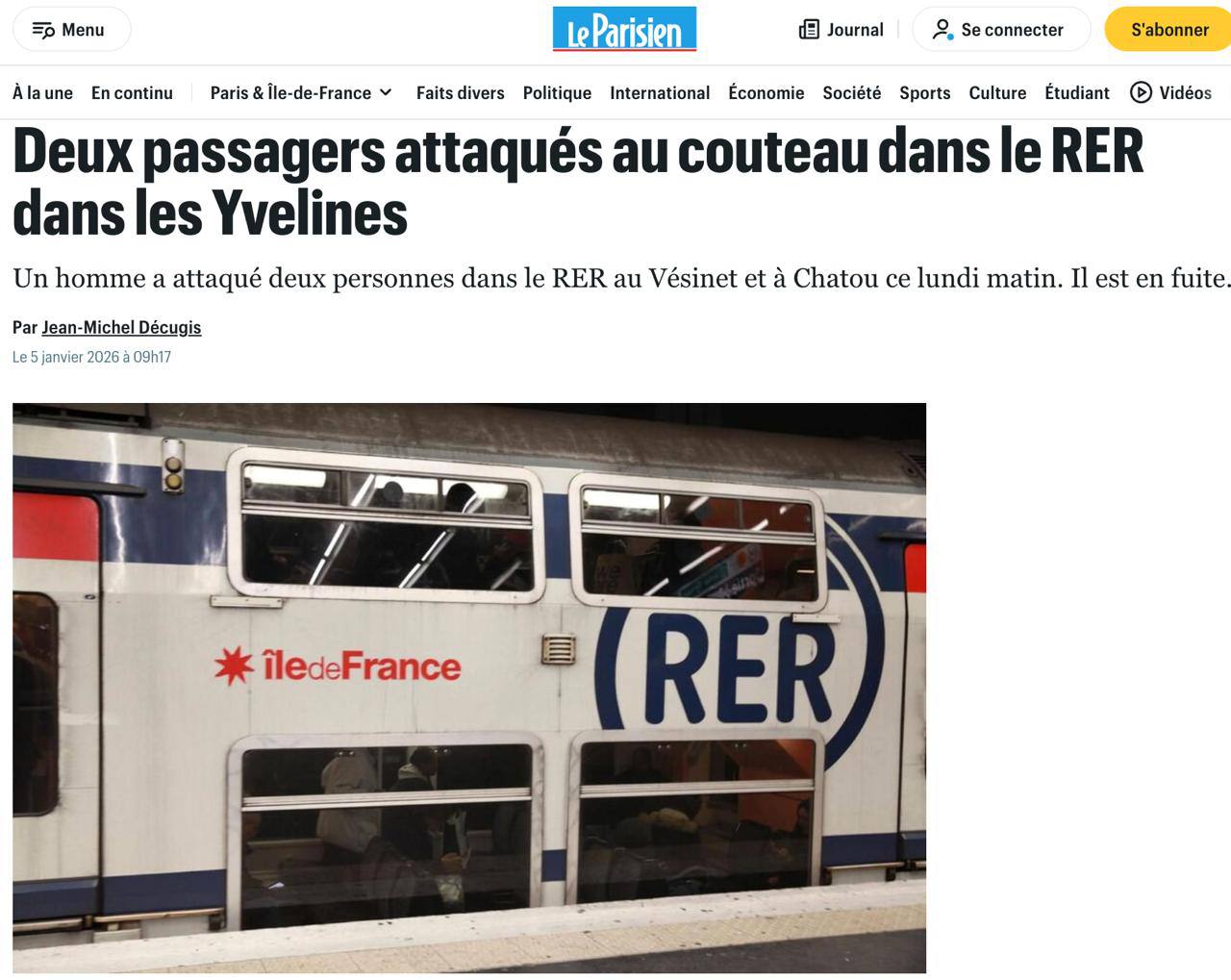 Неизвестный напал с ножом на пассажиров поезда в пригороде Парижа