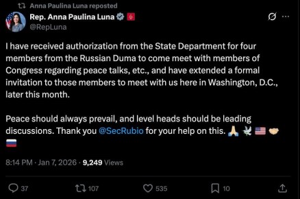 Конгрессвумен Анна Паулина Луна пригласила депутатов Госдумы посетить Вашингтон