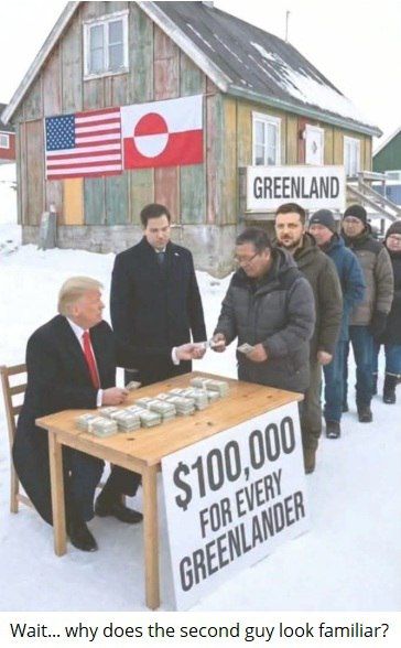 В американских соцсетях делают карикатуры на тему: Трамп обещал жителям Гренландии по $100 тыс