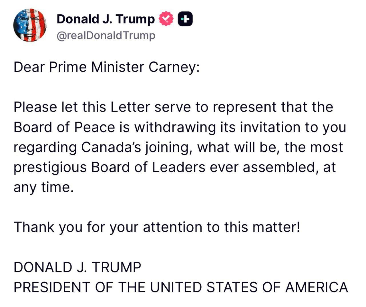 Совет мира отзывает приглашение у премьера Канады