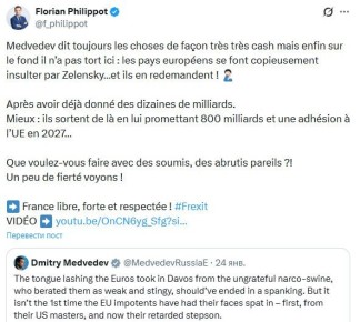 Председатель французской партии "Патриоты" Флориан Филиппо поддержал высказывание Дмитрия Медведева о выступлении Зеленского в Давосе