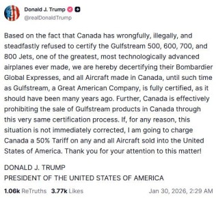 США приостановили сертификацию всех канадских самолетов, в том числе Bombardier Global Express, сообщил Трамп