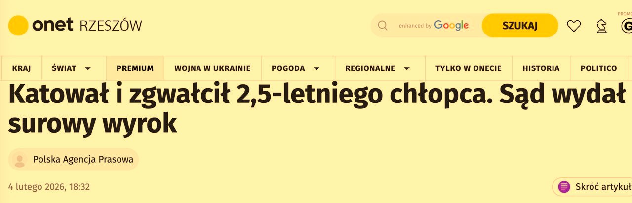 Украинца, изнасиловавшего в Польше 2,5-летнего сына сожительницы, приговорили к 25 годам тюрьмы