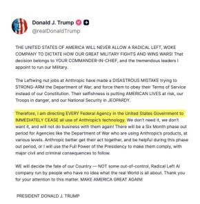 Трамп запретил своей администрации и всем федеральным агентствам пользоваться продуктами ИИ-разработчика Anthropic