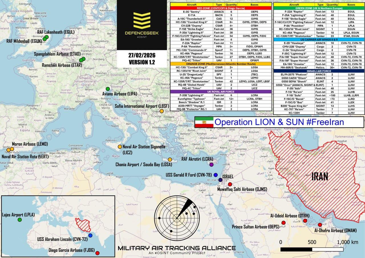 Более 500 ударных самолетов и до 200 вспомогательных воздушных судов из США и Израиля размещены на Ближнем Востоке в рамках подготовки к возможному удару по Ирану