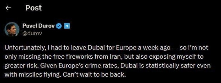 Дубай безопаснее Европы даже в условиях ракетной опасности, пришел к выводу Павел Дуров