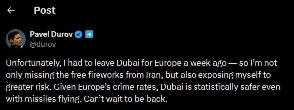 Дубай безопаснее Европы даже в условиях ракетной опасности, пришел к выводу Павел Дуров