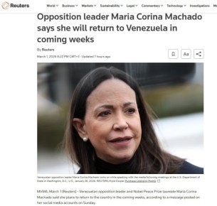 Лидер венесуэльской оппозиции Мария Корина Мачадо объявила о возвращении на родину